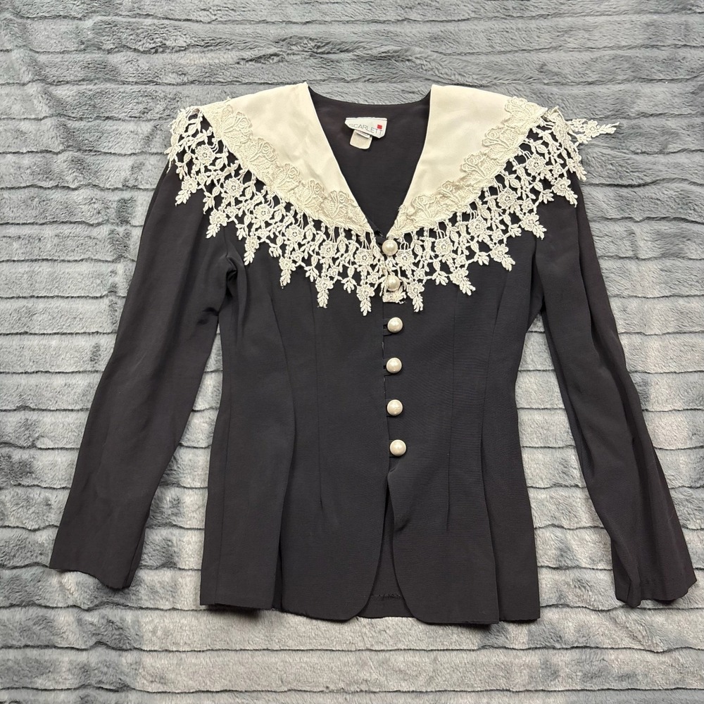 Vintage Scarlett Black Blazer White Lace Collar Pearl Button ILGWU USA Made S